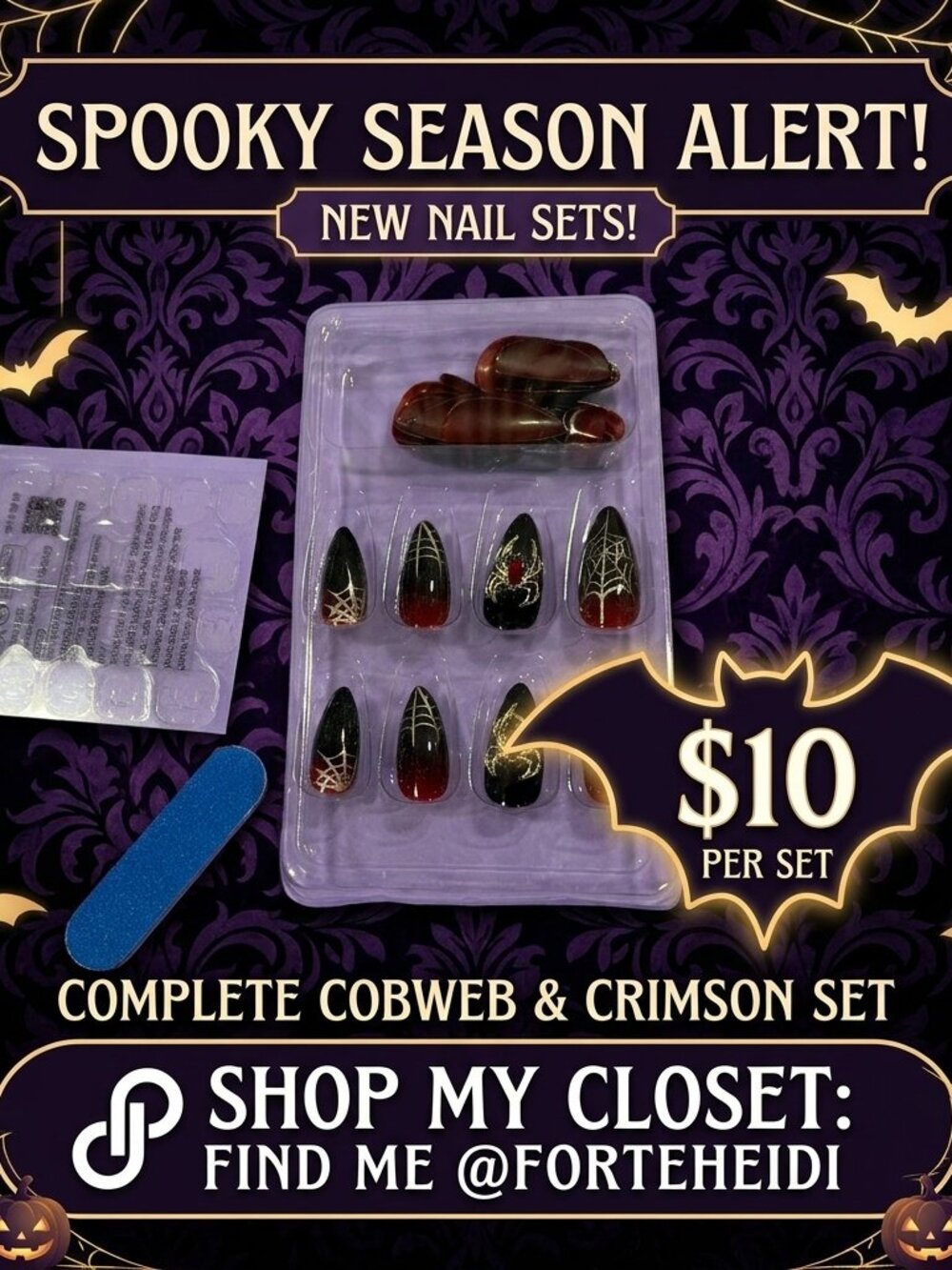 Halloween Cobweb & Crimson Spider Press-On Nail Set | Complete Kit 🕷️✨